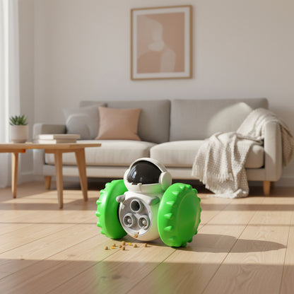 Pet toy with green and white design, in a living room setting.