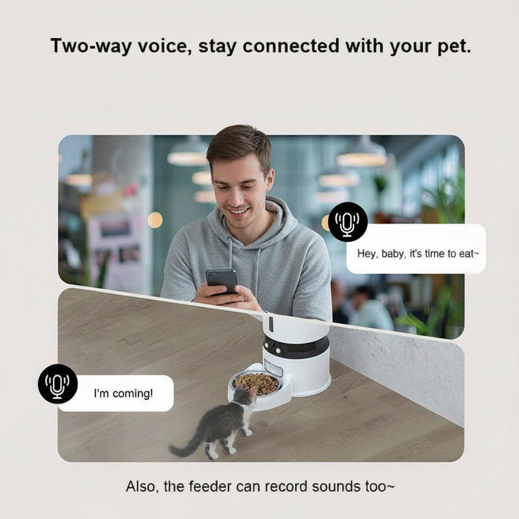 Man using a smartphone with a pet feeder and cat in the background, featuring two-way voice communication.