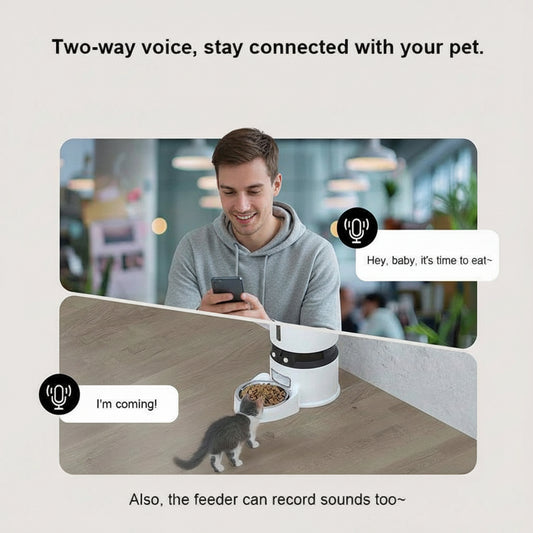 Man using a smartphone with a pet feeder and cat in the background, featuring two-way voice communication.