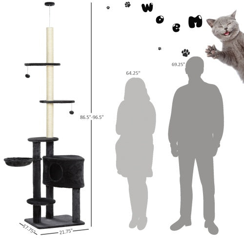 Cat tree with dimensions labeled next to human figures for scale.