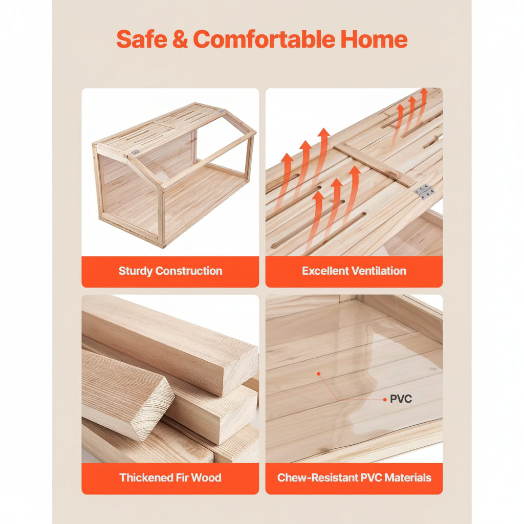 Wooden pet playpen with features highlighted on a white background