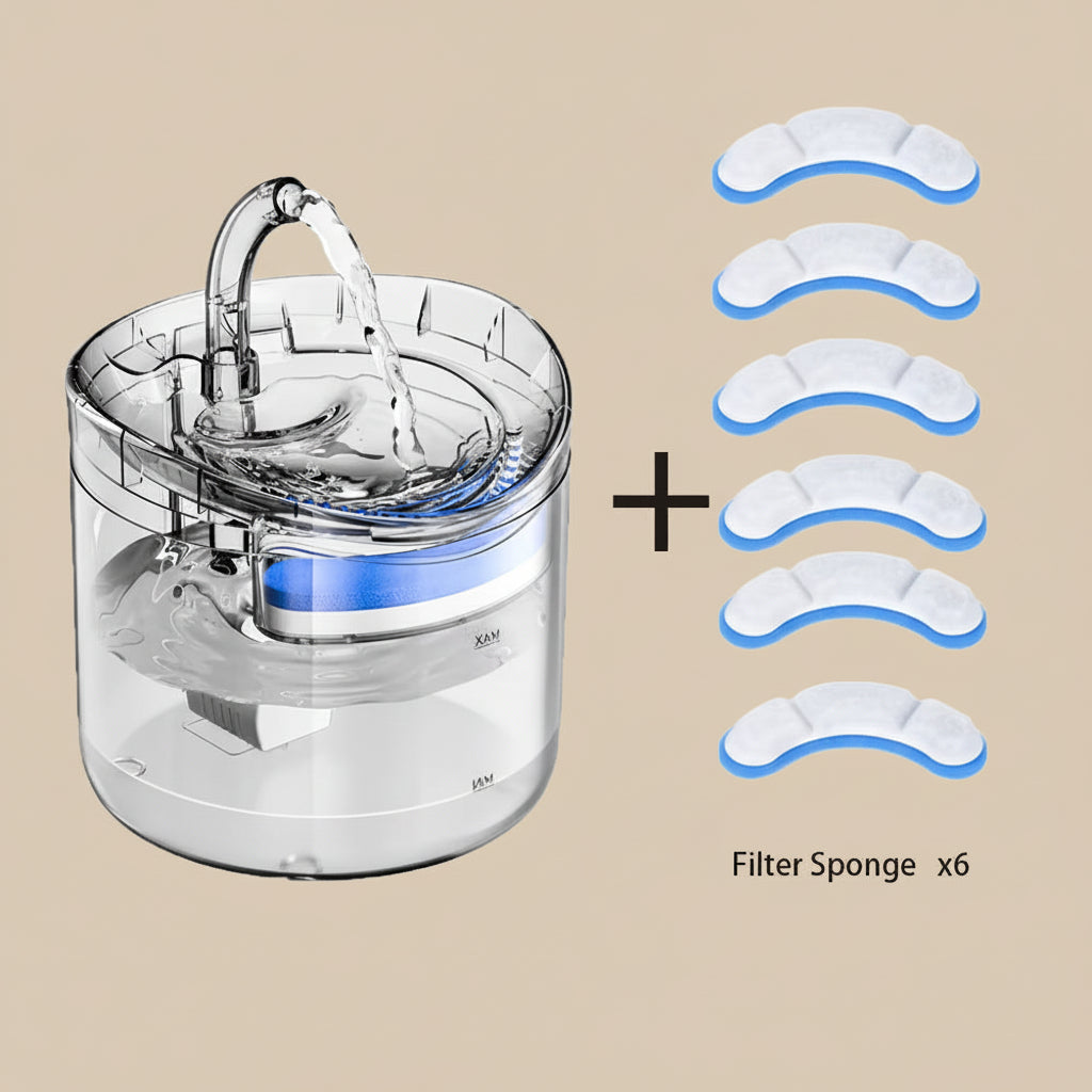 Clear water filter with six blue filter sponges on a beige background