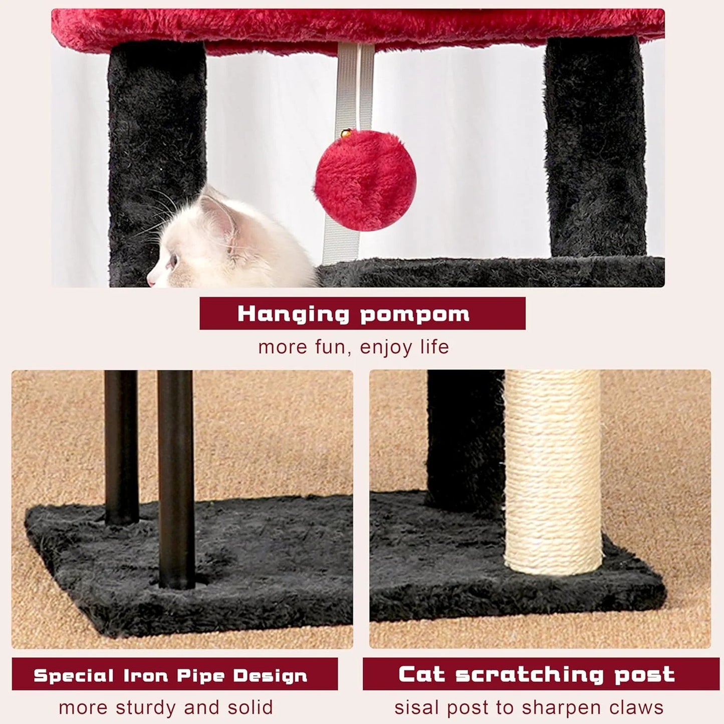 Cat Tree, Cat Tower for Indoor Cats, 43.3 Inch Gothic Cat Tree Tower with Sturdy Steel Tube, Hammock, Cat Condo for Small Cats and Kittens, Scratching Post, Black and Red
