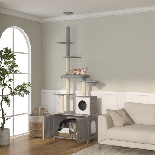 PawHut Cat Tree with Litter Box Enclosure - 2 in 1 Floor to Ceiling Cat Tower Litter Box Furniture with Condo, Bed, Hammock, Scratching Posts, and Platforms for Indoor Use, Gray