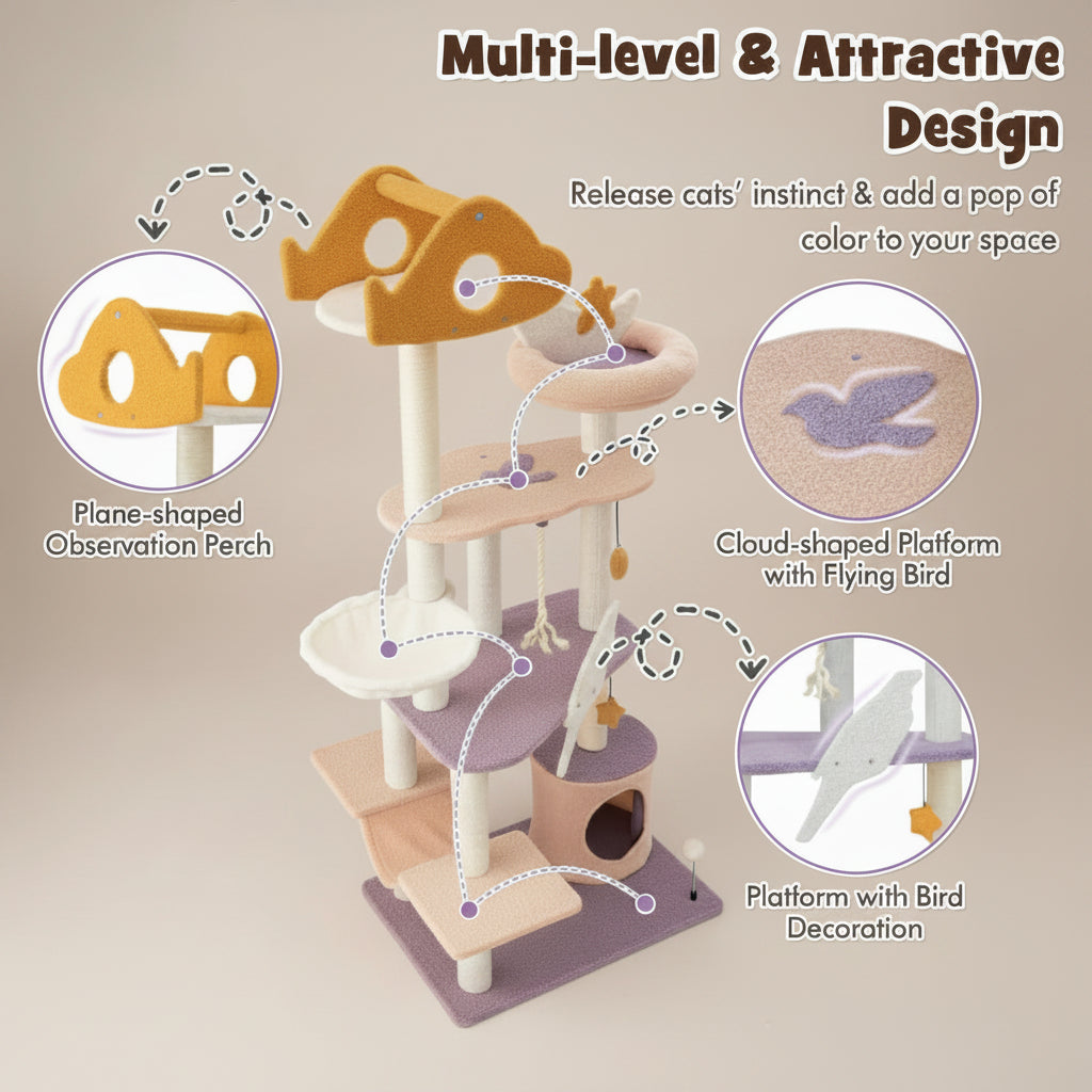 Cat tree with multiple levels and features, including a plane-shaped observation perch and cloud-shaped platform with bird decoration.