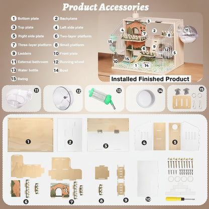 Product accessories for a model building kit with labeled parts and an installed finished product.