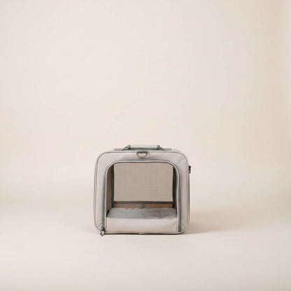 inside a gray mesh pet carrier on a be backgroundge