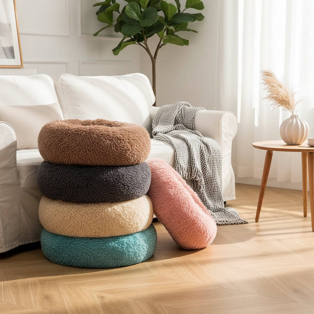 Stack of fluffy donut-shaped pet beds in various colors on a wooden floor.