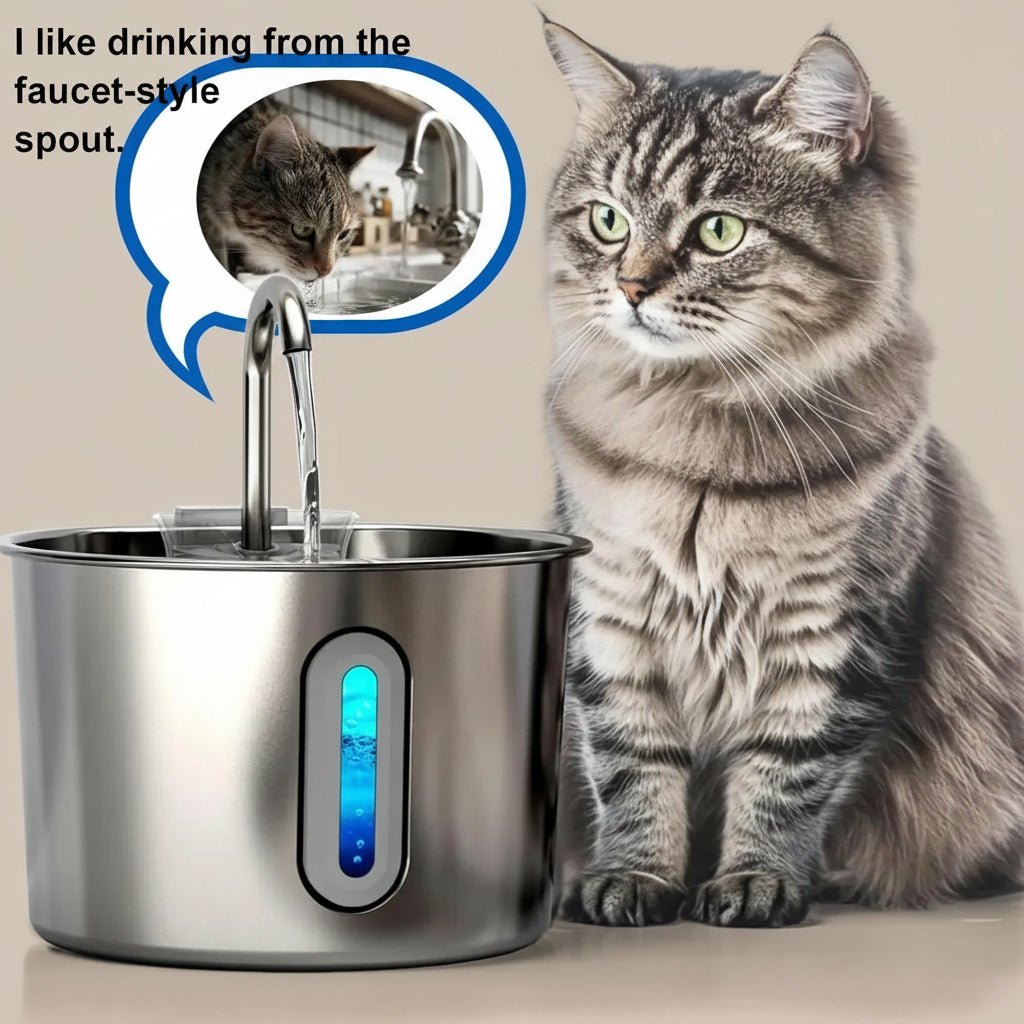 Cat sitting next to a stainless steel water fountain with text indicating preference for faucet-style spout.
