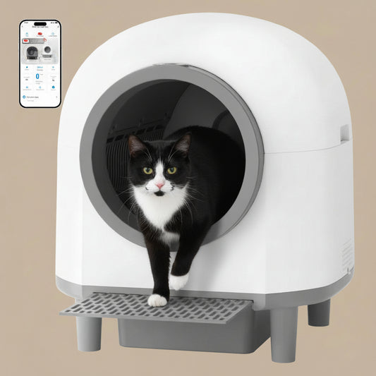 Cat standing inside a modern pet house with a smartphone app icon displayed.