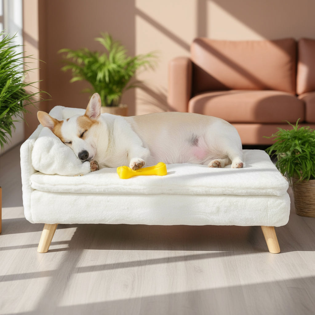 Luxury Elevated Dog Sofa Bed with Backrest Plush Cushion Wooden Legs Raised Dog Bed Lounger Chair for Small Medium Dog Cat Chair