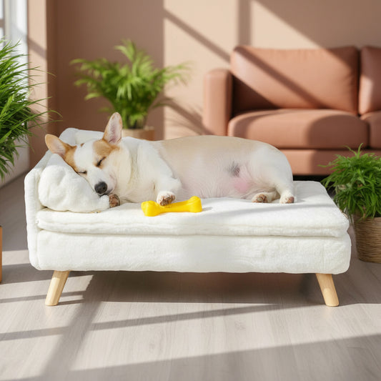 Luxury Elevated Dog Sofa Bed with Backrest Plush Cushion Wooden Legs Raised Dog Bed Lounger Chair for Small Medium Dog Cat Chair