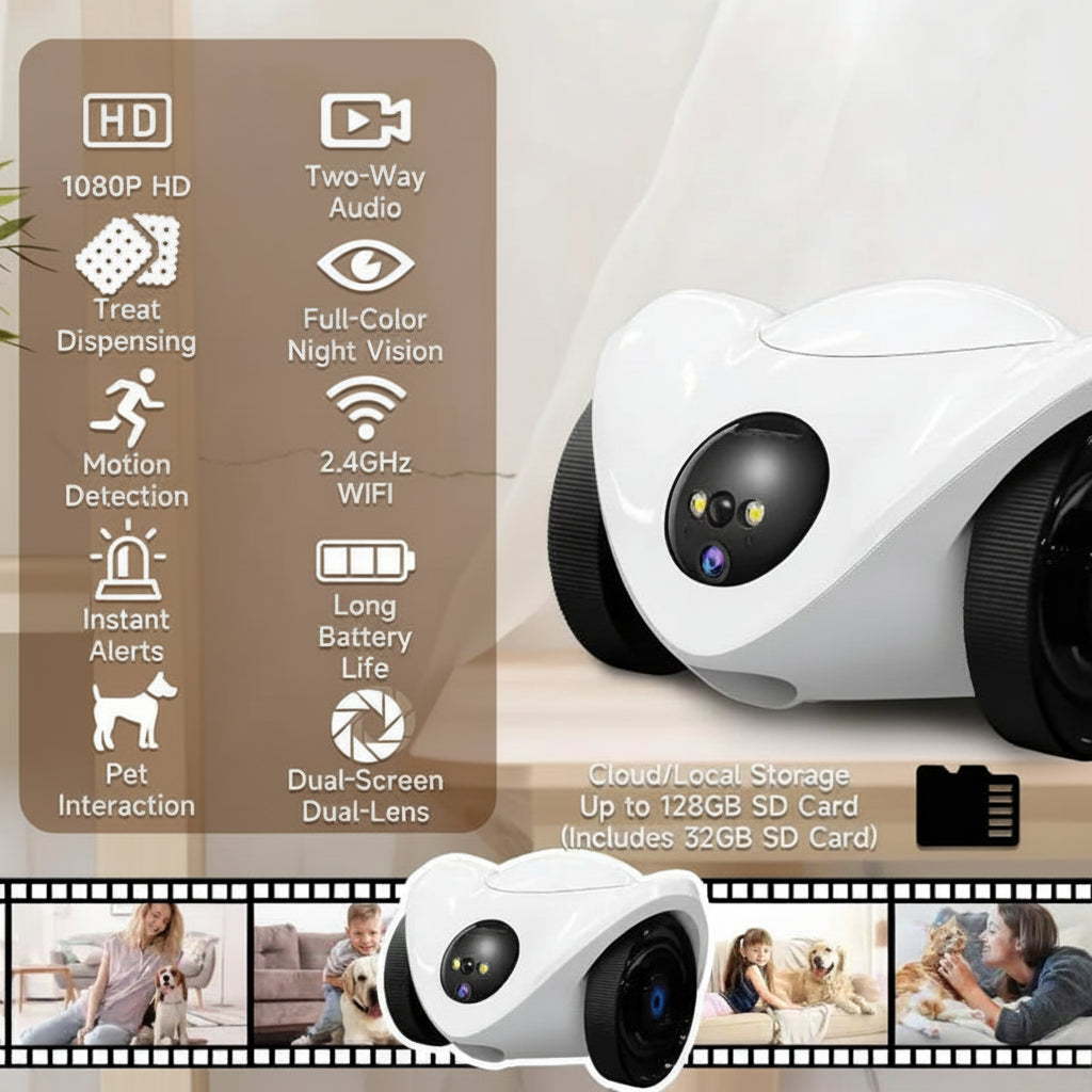 White pet camera with features listed on a gray background