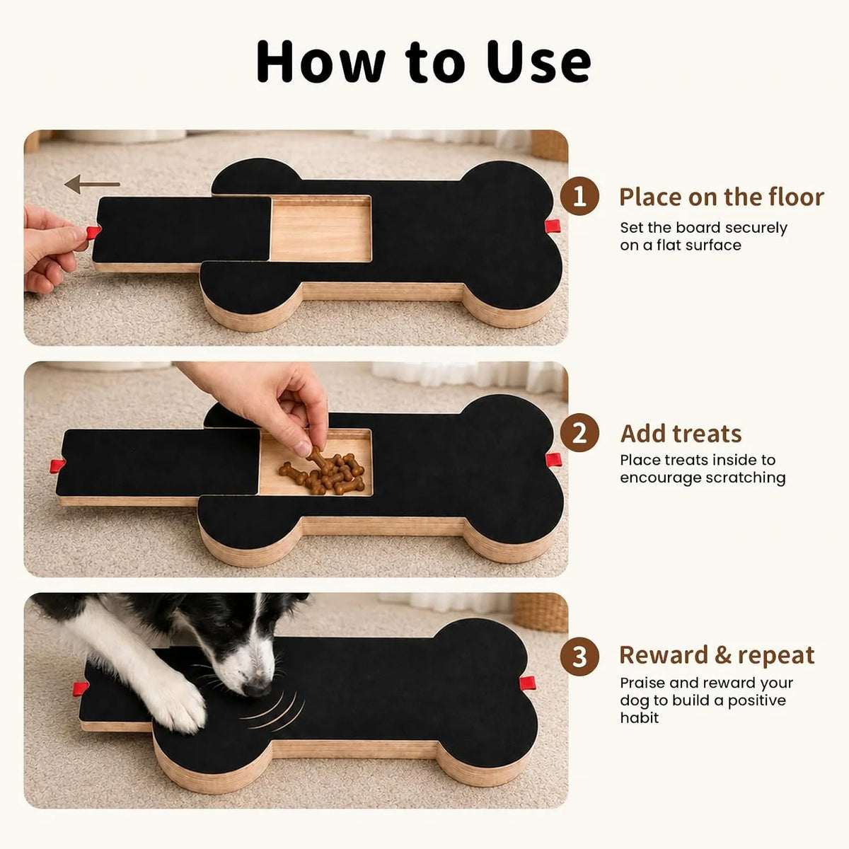 Instructional graphic titled 'How to Use' showing a bone-shaped scratching board with three steps: placing it on a flat surface, adding treats inside the center slot, and a dog using it to scratch while being rewarded. The product is shown in a home setting with a dog's paw visible.