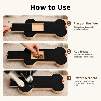 Instructional graphic titled 'How to Use' showing a bone-shaped scratching board with three steps: placing it on a flat surface, adding treats inside the center slot, and a dog using it to scratch while being rewarded. The product is shown in a home setting with a dog's paw visible.