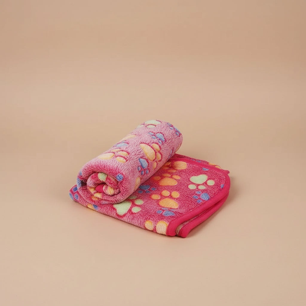 Pink towel with colorful paw prints on a beige background