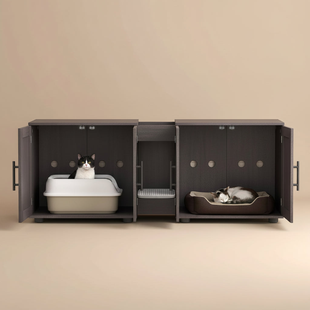 Litter enclosure cabinet with cat litter box in one side and bed in the second side with a beige background.