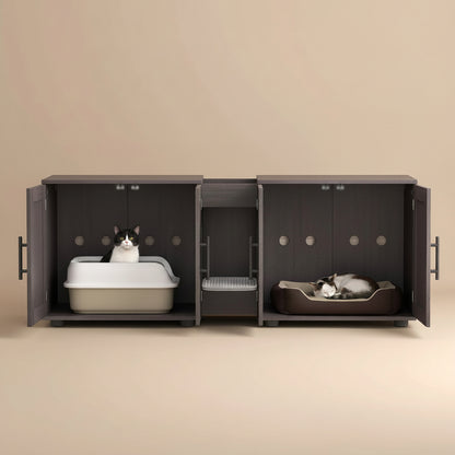 Litter enclosure cabinet with cat litter box in one side and bed in the second side with a beige background.
