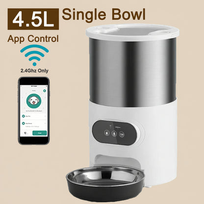 Pet water bowl with app control feature on a brown background