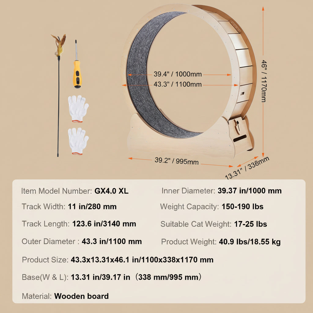 Pet exercise wheel with dimensions and specifications on a beige background
