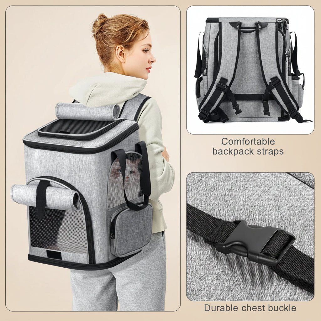 Person carrying a gray pet backpack with a cat peeking out, showing comfortable straps and durable chest buckle.