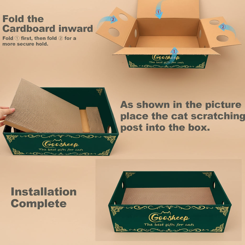Instructions for folding cardboard and placing a cat scratching post into a Goosheep box.