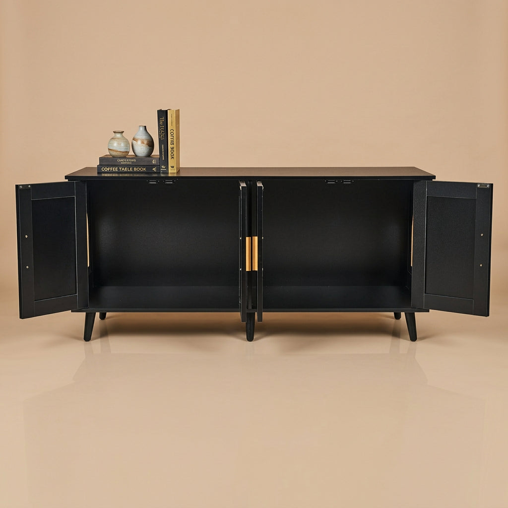 Black cabinet with open doors on a beige background