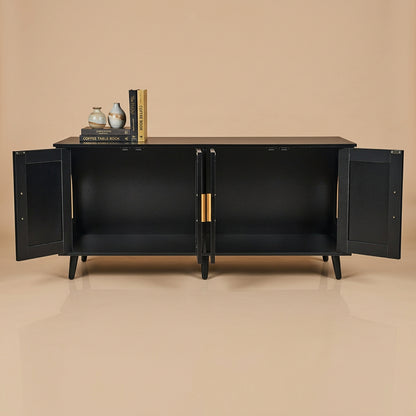 Black cabinet with open doors on a beige background