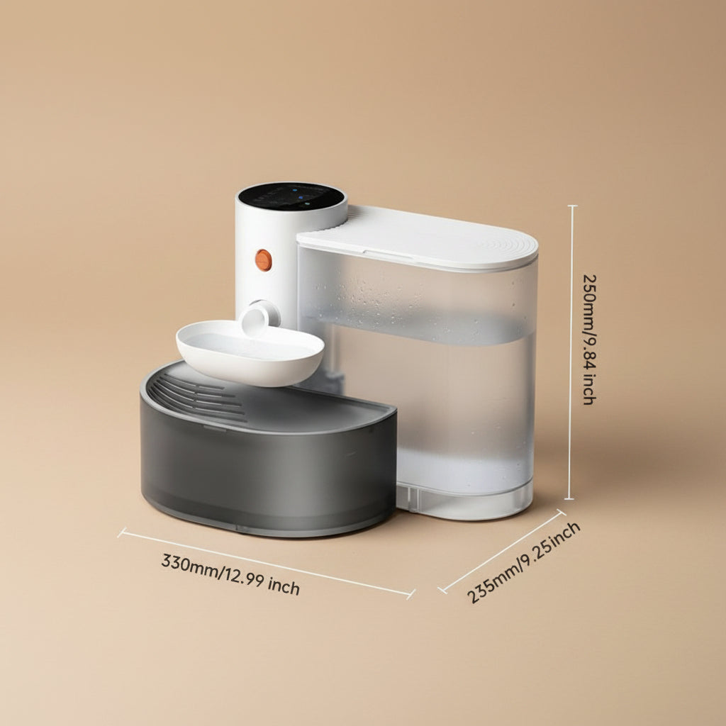 Pet water fountain with dimensions displayed on a beige background