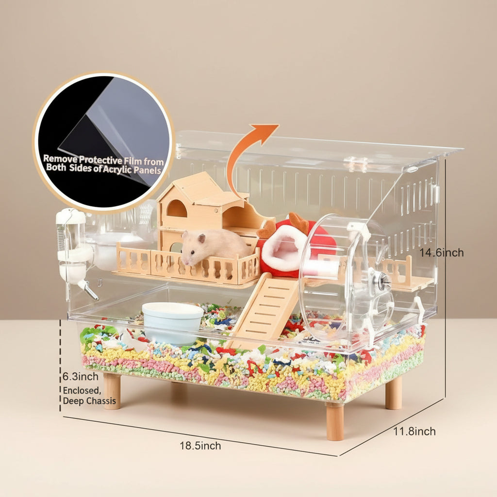 Hamster cage with large panoramic full door opening features, showing a hamster inside.