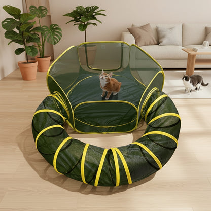 Outdoor Cat Enclosures 2-In-1, Portable Catio W/Cat Tent, Circle Playpen Tunnel