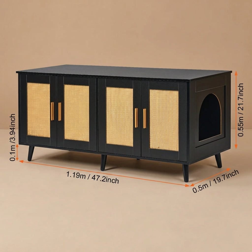 Black pet furniture with wicker doors and dimensions displayed