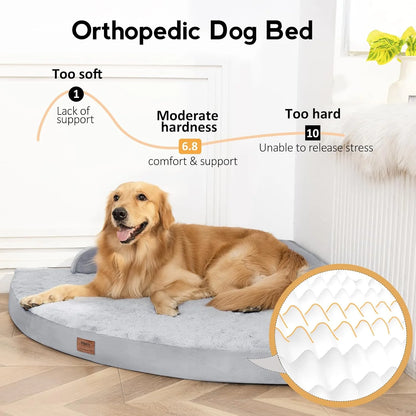 Dog lying on an orthopedic dog bed with comfort scale and texture detail.