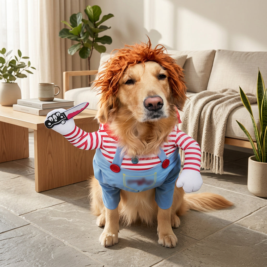 Dog wearing a costume with a red and white striped shirt and blue overalls in a living room.