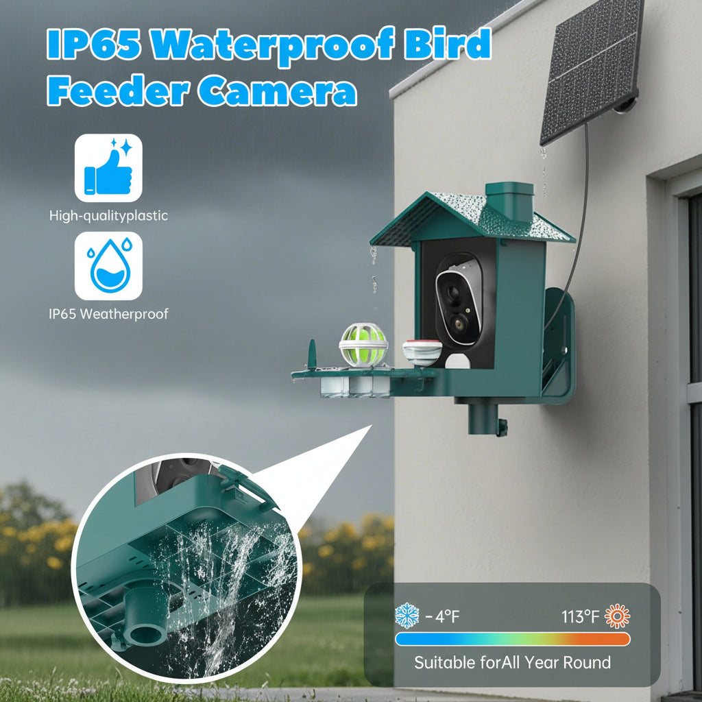 IP65 waterproof bird feeder camera mounted on a wall with weatherproofing features highlighted.