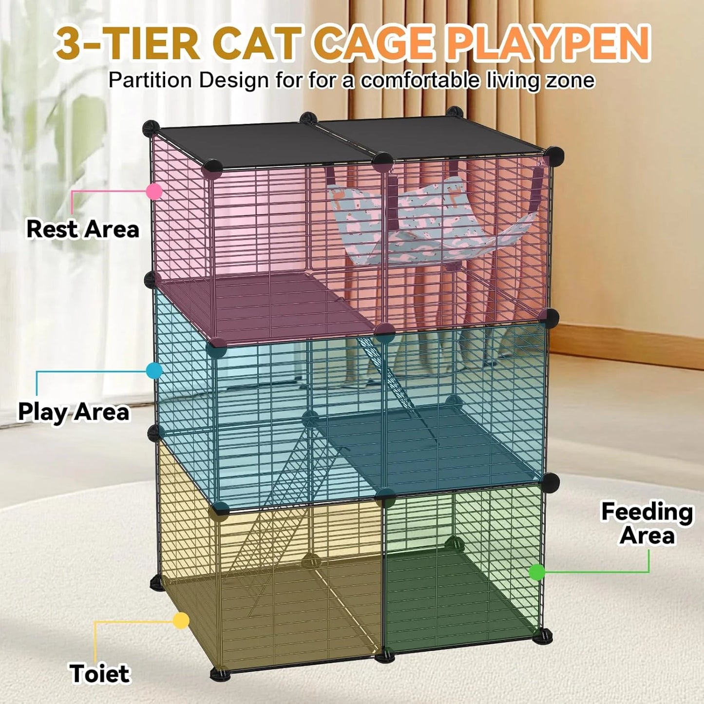 Cat Cage, 3-Tier DIY Catio Cat Enclosures, 24" X 16" X 36" Cat Playpen Indoor & Outdoor with Hammock, Detachable Metal Wire Kennel Cats Crate, 2X1X3 Exercise Place for 1-2 Cats/Kitten