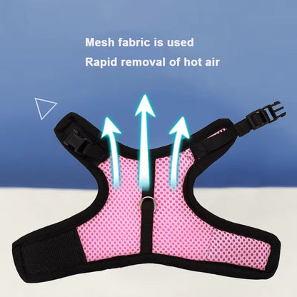 Pink dog harness with mesh fabric and text explaining its use