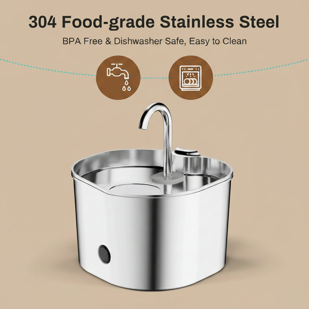 Stainless steel faucet fountain with features highlighted on a beige background