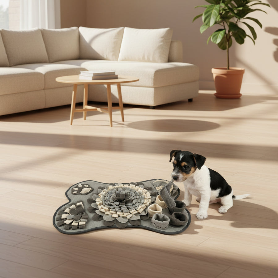 Dog sitting on a gray and beige textured mat with paw prints.