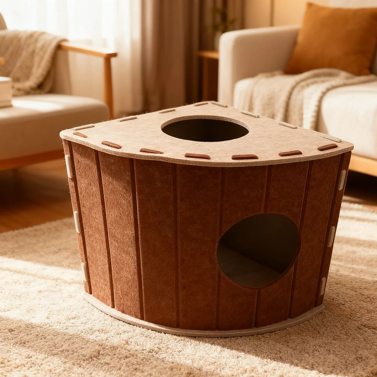 Four-Season Felt Fan-Shaped Cat Villa, Enclosed Large Scratch-Resistant Calming Pet Bed, Warm Deep Sleep Cat House for Multi-Cat Families Indoor Use