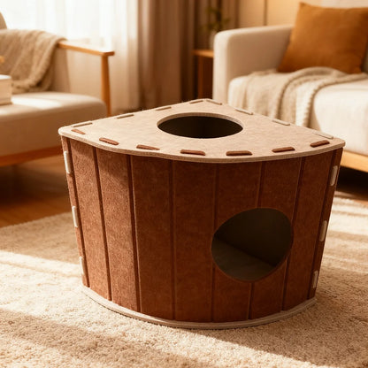 Four-Season Felt Fan-Shaped Cat Villa, Enclosed Large Scratch-Resistant Calming Pet Bed, Warm Deep Sleep Cat House for Multi-Cat Families Indoor Use