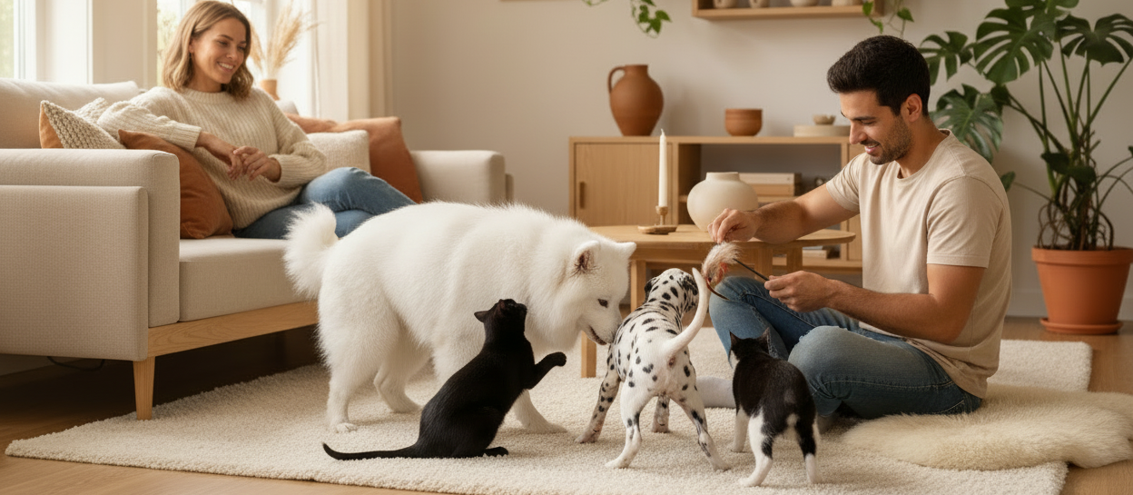 Man and woman playing with four pets in a living room