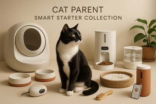 Cat sitting among pet care products with 'Cat Parent Smart Starter Collection' text on a beige background.