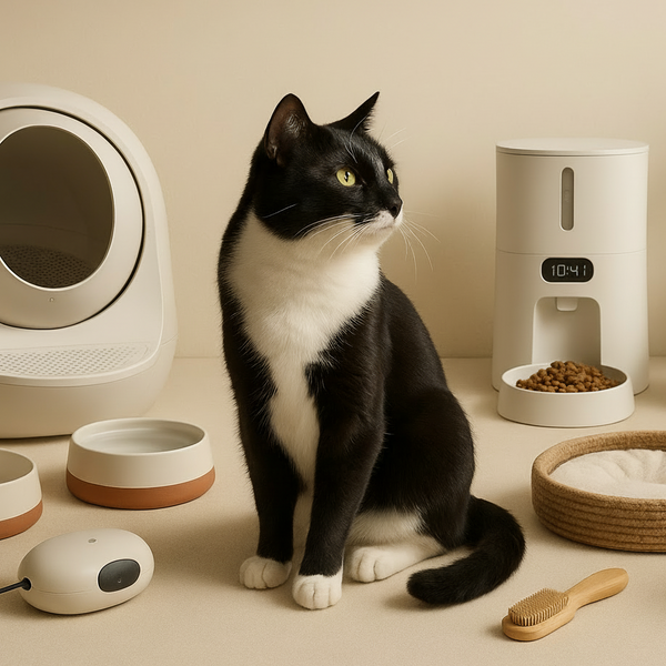 Cat sitting among pet care products with 'Cat Parent Smart Starter Collection' text on a beige background.