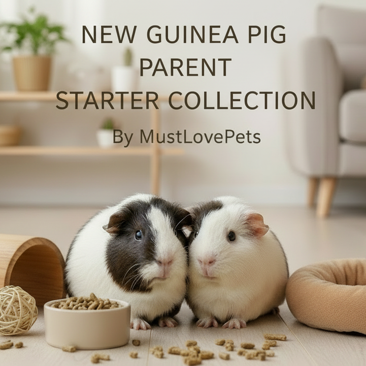 Two guinea pigs with pet supplies in a home setting, featuring text about a new guinea pig parent starter collection by MustLovePets.