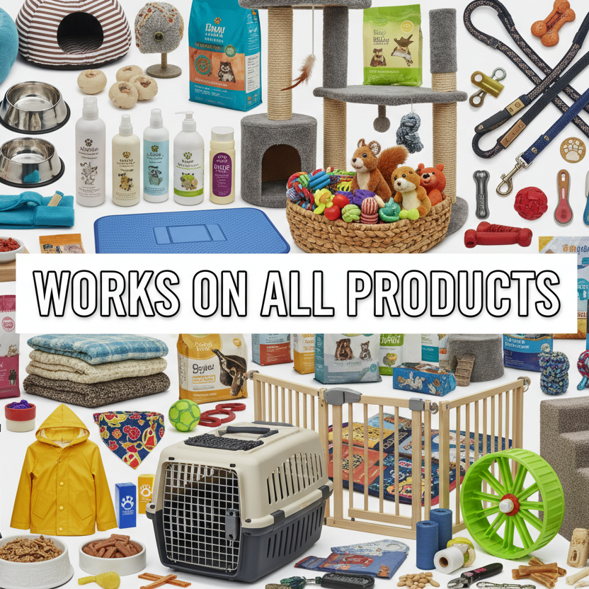 add text overlay "WORKS ON ALL PRODUCTS" in center