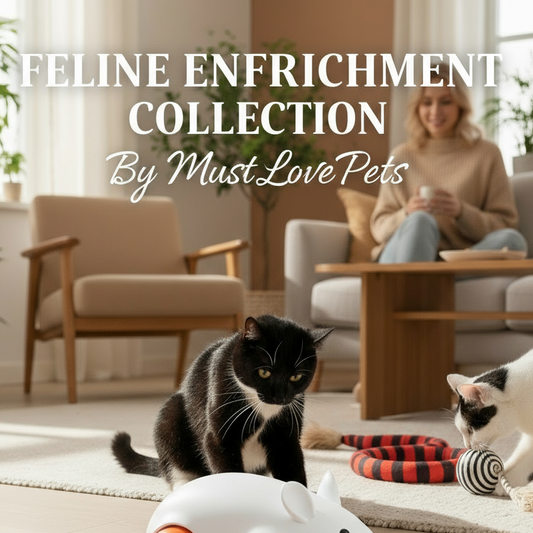 add to top half of image, centered, "FELINE ENRICHMENT" with "COLLECTION" underneath it and "By MustLovePets" underneath that in cursive