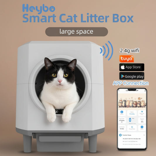 Heybo Smart Cat Litter Box with app connection on a beige background