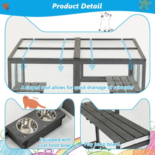 Outdoor Wooden Cat Catio - Large Solid Wood Cat Cage Playpen with 2 Jumping Platforms &amp; 7 Napping Houses, Walk-in Cat Kennel Condo Shelter, Grey