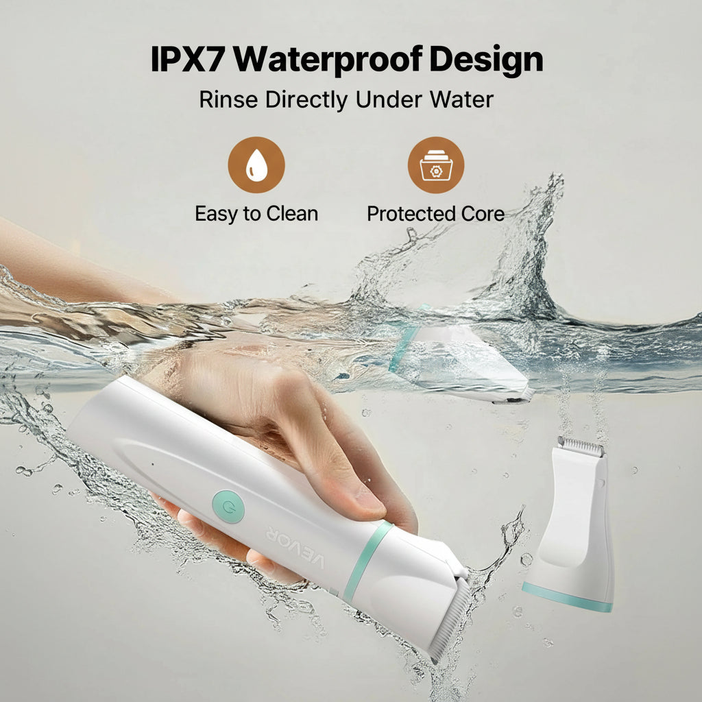 Hand holding a white electronic device with water splashing around, emphasizing IPX7 waterproof design.